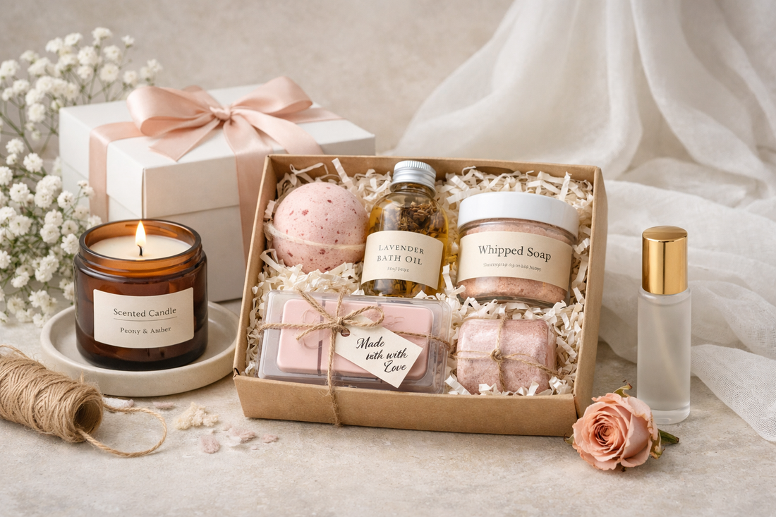 Mother’s Day gift packaging ideas for small business products including candles, wax melts and bath products.